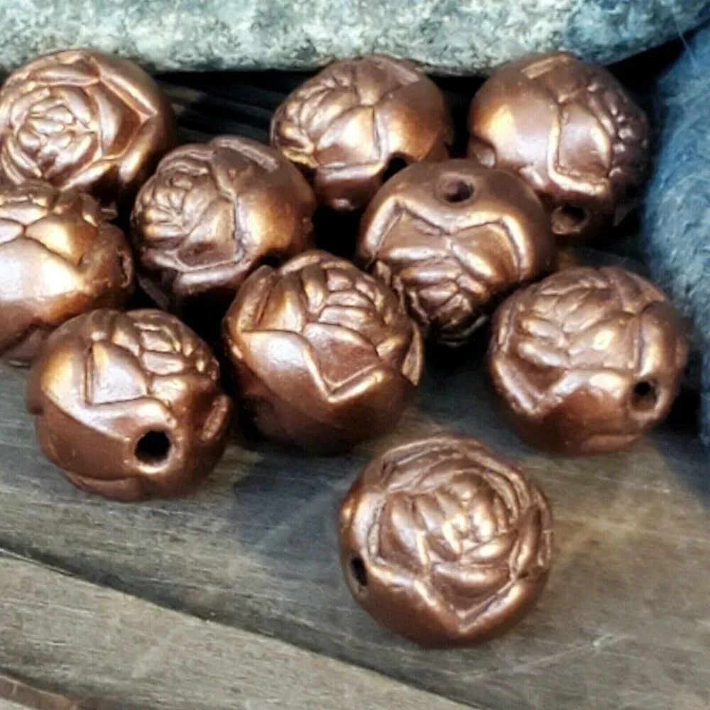 Vintage Retro Bronze Satin Rosebud Flower 14mm Round Acrylic Beads 10 pcs